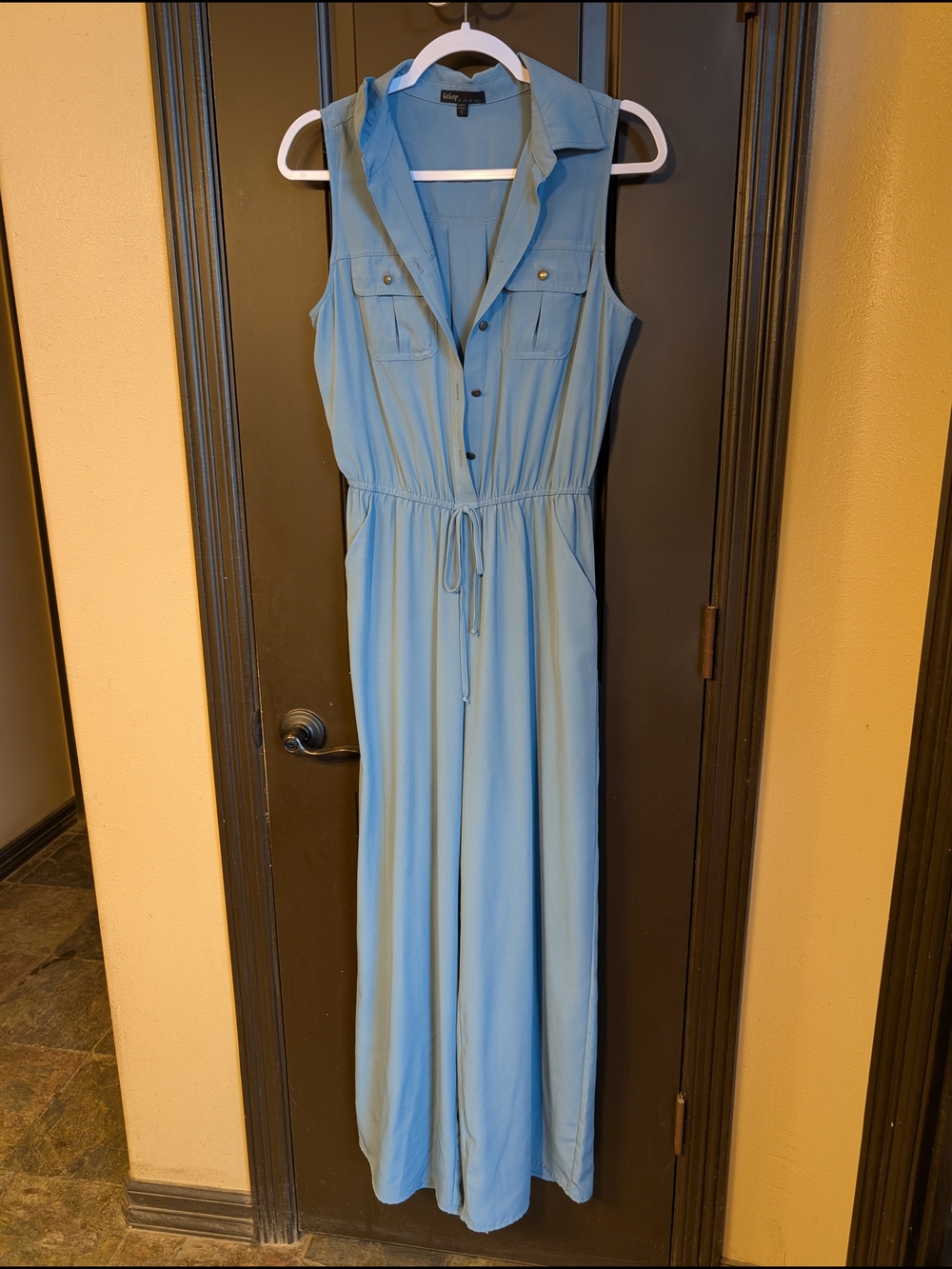 Sleeveless Light Blue Shirt-Jump Maxi Dress with Drawstring Waist